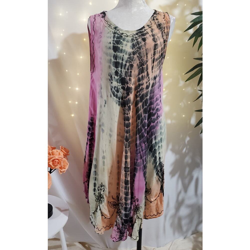 Henna VTG Embroidered Tie Dye Twirl Midi Dress Womens One Size Hippie Festival